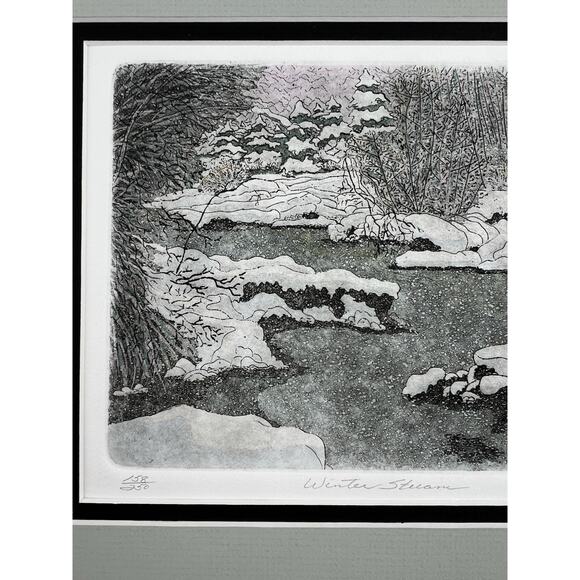 Vintage Leo P Donahue Art Etching New England Winter Stream Signed #158/250 Mat - Picture 3 of 10